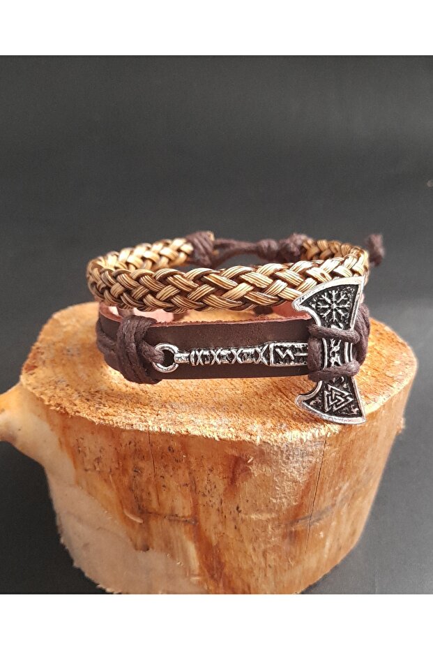 Valknut Axe Figured 2-Piece Fashion Genuine Leather Bracelet