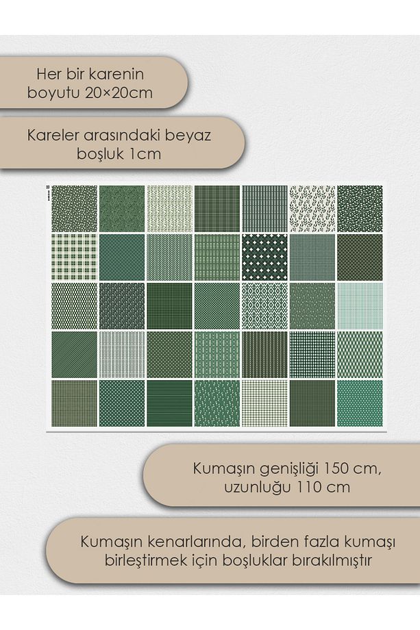Patchwork Kumaş Seti – 35 Adet 20x20cm, %100 Pamuk, Yeşil Geometrik ve Yapraklı Desenler - 4