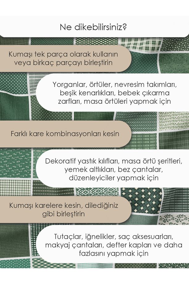 Patchwork Kumaş Seti – 35 Adet 20x20cm, %100 Pamuk, Yeşil Geometrik ve Yapraklı Desenler - 5