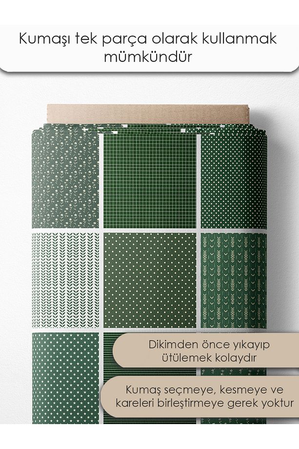 Patchwork Kumaş Seti – 35 Adet 20x20cm, %100 Pamuk, Yeşil Geometrik ve Yapraklı Desenler - 3