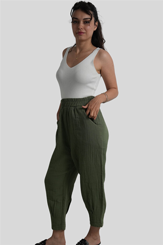 Khaki Elastic Waist Muslin Trousers
