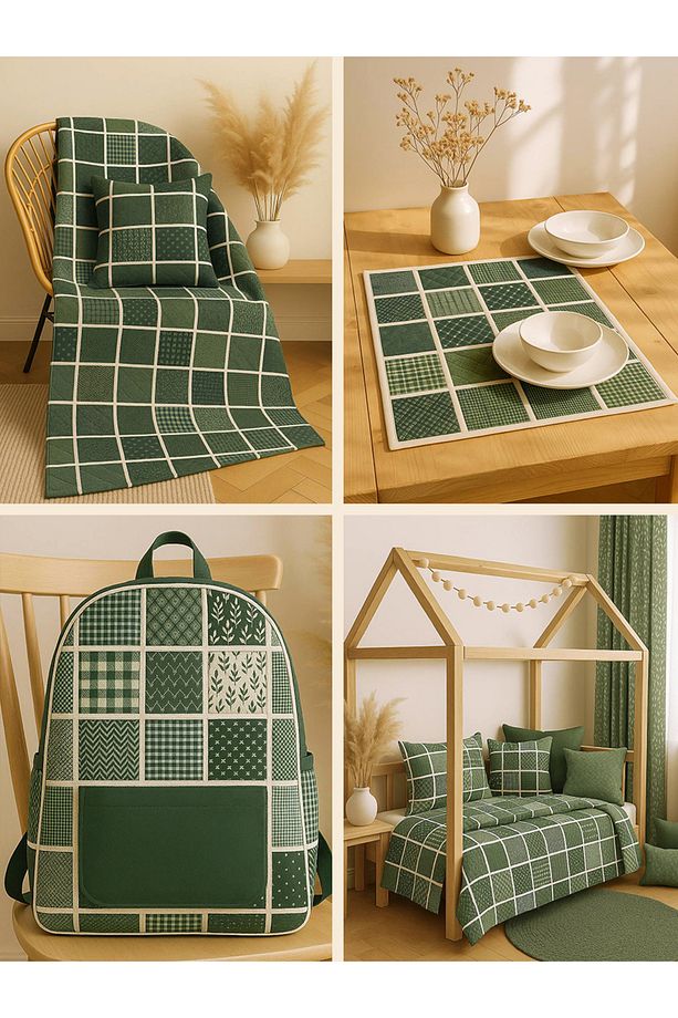 Patchwork Kumaş Seti – 35 Adet 20x20cm, %100 Pamuk, Yeşil Geometrik ve Yapraklı Desenler - 8