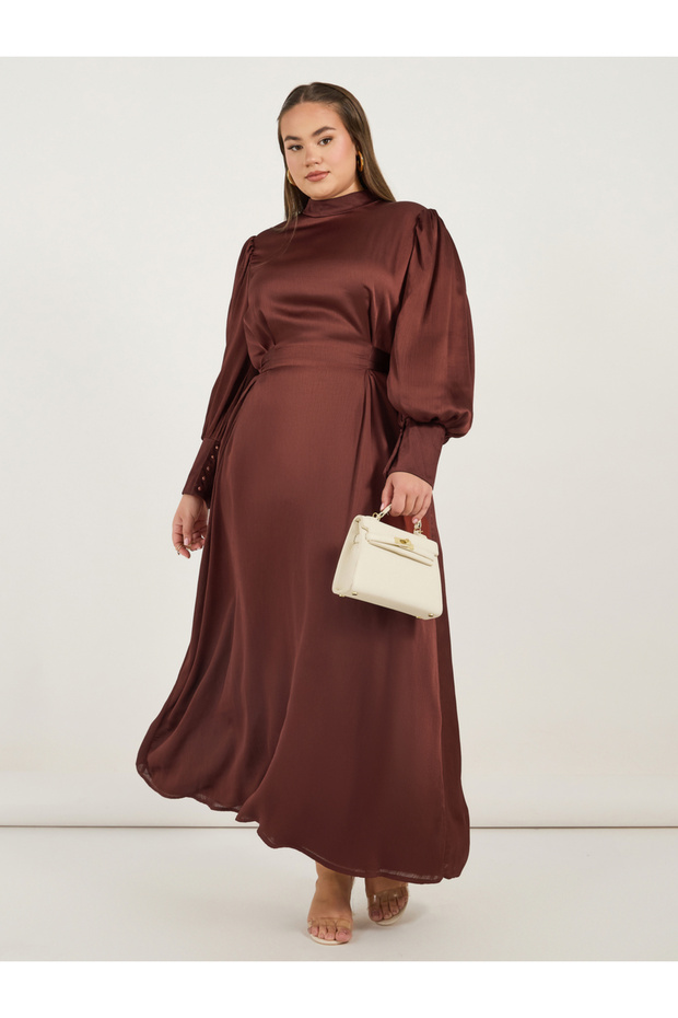 Plus Size Satin Look Long Sleeves A-Line Maxi Dress with Pleated Detail