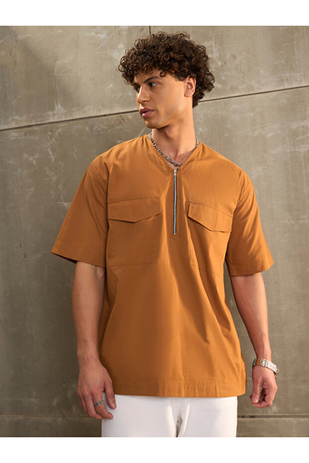 Brown Poplin Front Zipper Relax Fit Shirt
