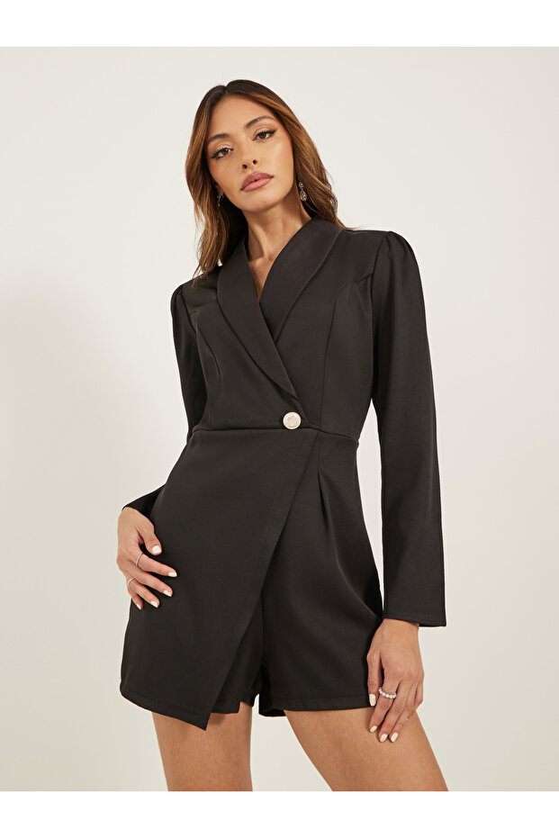 Solid Shawl Lapel Wrap Look Romper - 1