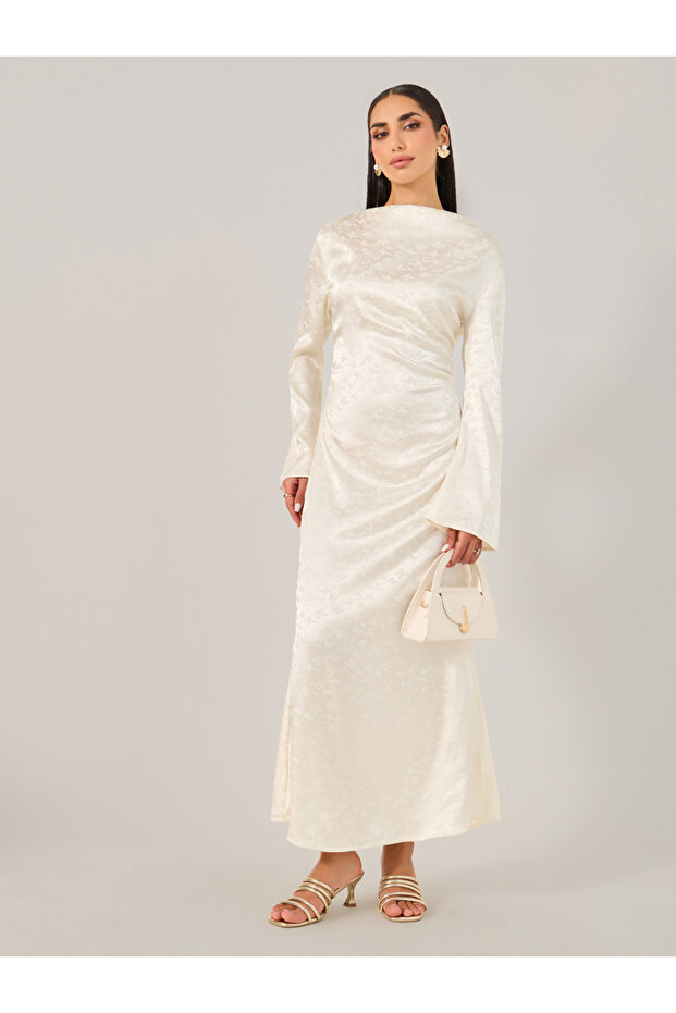Satin Bell Sleeve Boat Neck Maxi Dress