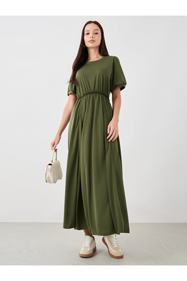 Solid Gathered Detail Puff Sleeve Maxi Dress