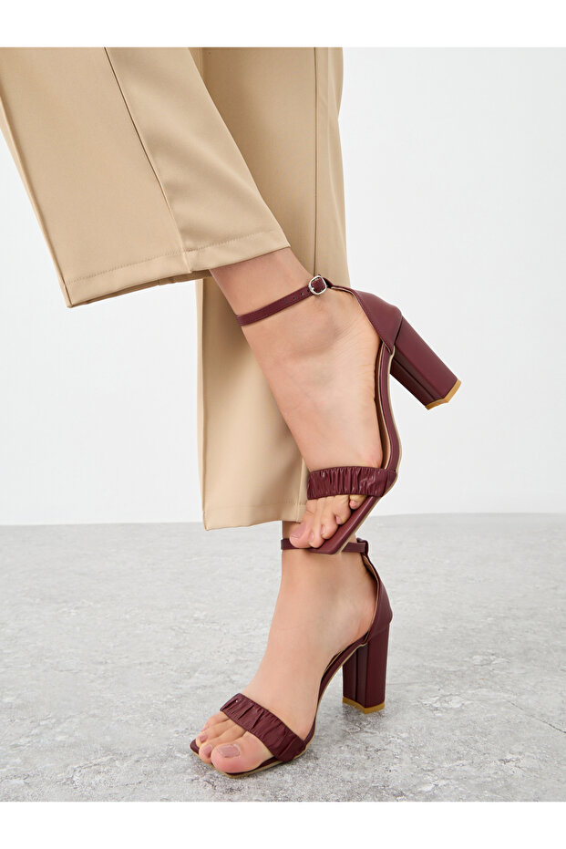 Pleated Ankle Strap Block Heel Sandals