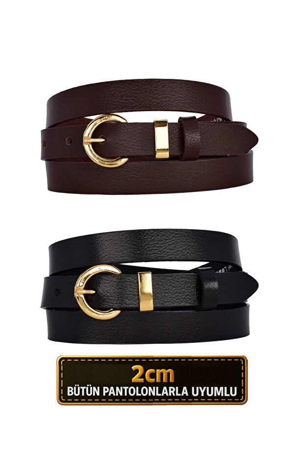 100% Genuine Leather Set of 2 Gold Color Set Buckle 2cm Women's Belt Dark Brown, Black_ Lock_Gold