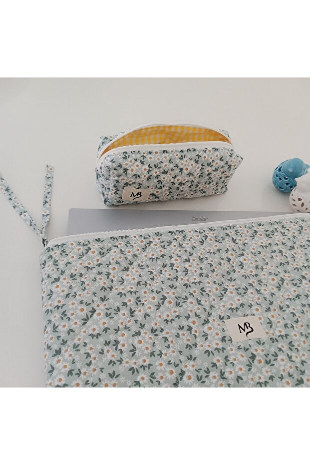 Green Daisy Laptop Sleeve- Pencil Case Set (15-16 Inch)