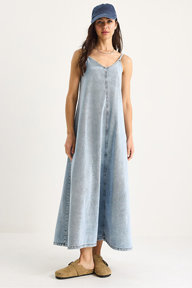 Women's Snow Wash Thin Strap Long Denim Dress 6058 60281039