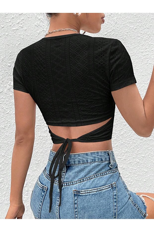 Black Waist Tie Short Sleeve Crop Blouse