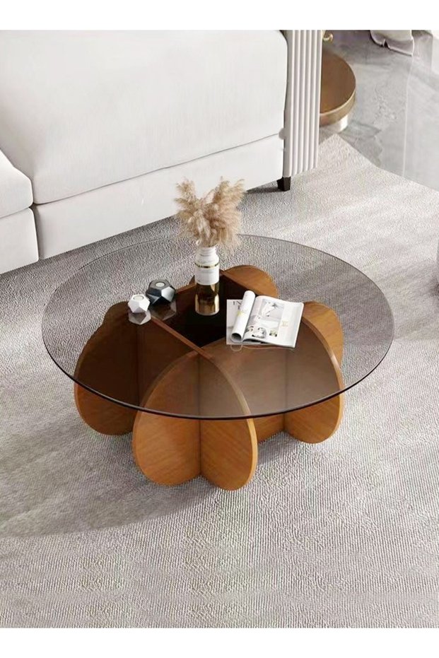 Modern Style Wooden Frame Glass Top Coffee Table Round Edge Center Table for Living Room 80x40 cm