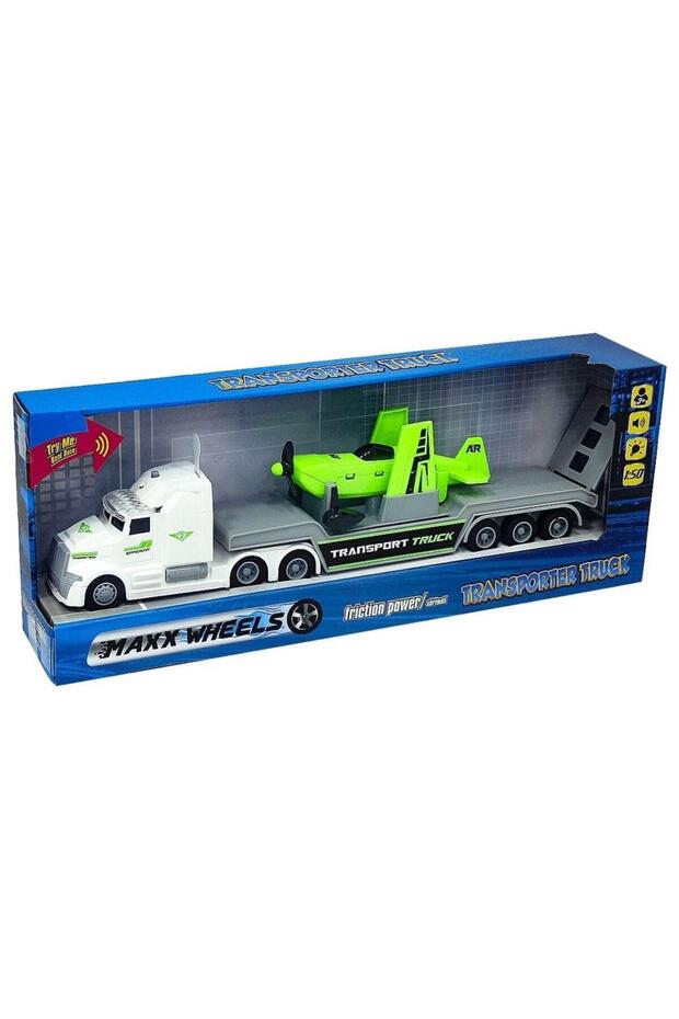 Toy 1:50 Maxx Wheels Carrier Truck with Sound and Light and Green Plane 36 cm S01002319
