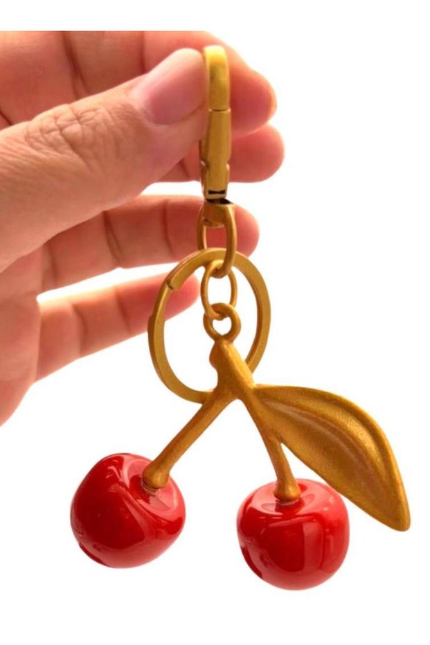 Angel Bag Accessory Red Cherry Keychain, Bag Ornament Antique - Gold Metal
