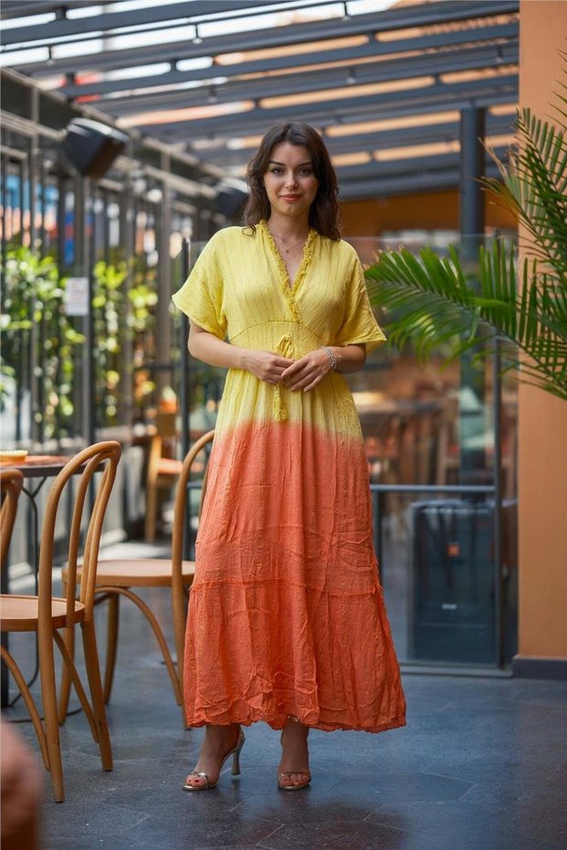 Yellow Color Sequin Detailed V-Neck Italian Dress