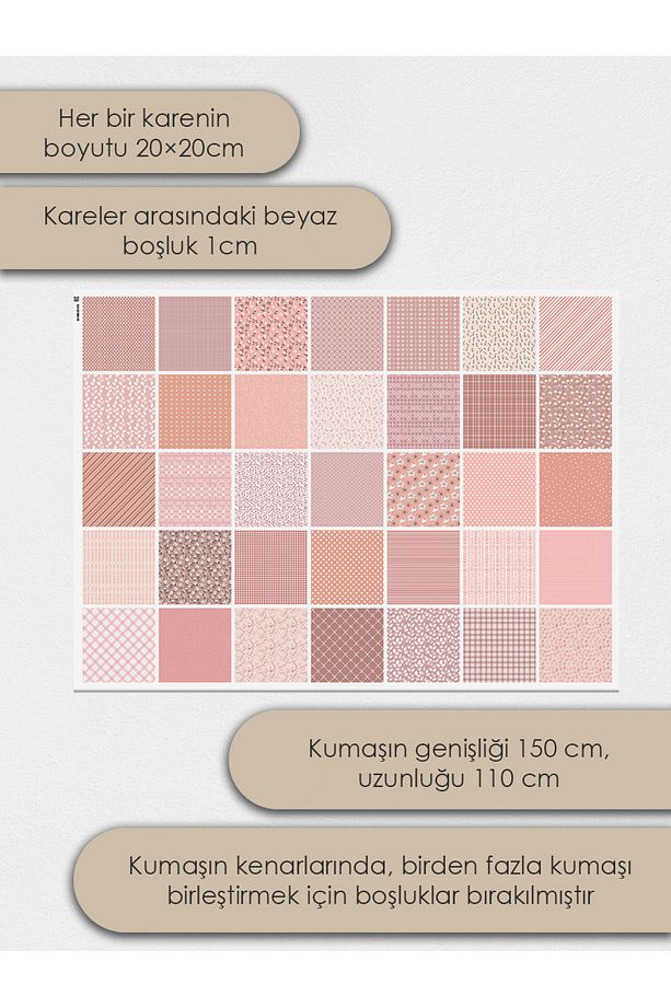 Patchwork Saten Kumaş Seti – 35 Adet, %100 Pamuk, Pudra Pembe Çiçekli ve Zarif Desenler - 4
