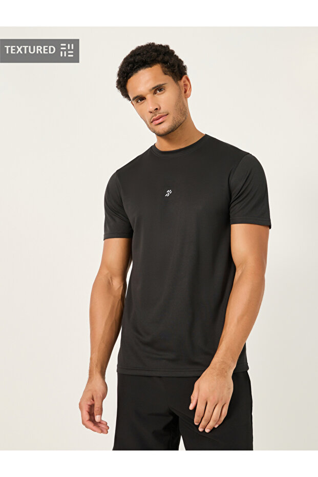 Textured Logo Print Back Striped Detail T-Shirt