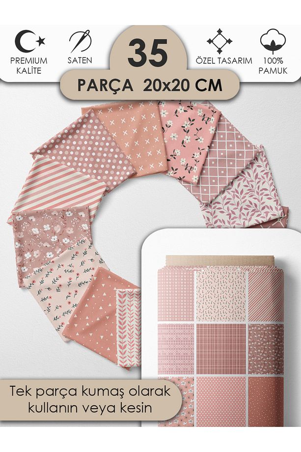 Patchwork Saten Kumaş Seti – 35 Adet, %100 Pamuk, Pudra Pembe Çiçekli ve Zarif Desenler - 1