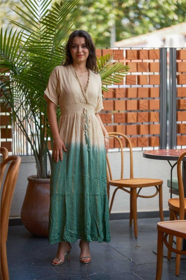 Green Color Sequin Detailed V-Neck Italian Dress