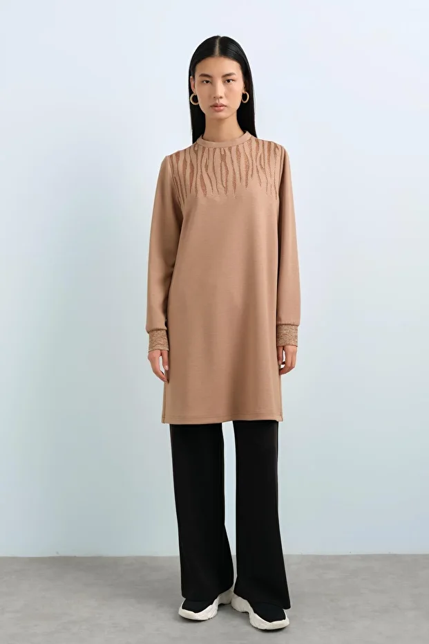 Sim Kumaşlı Zebra Desen Örme Tunik Camel - 1
