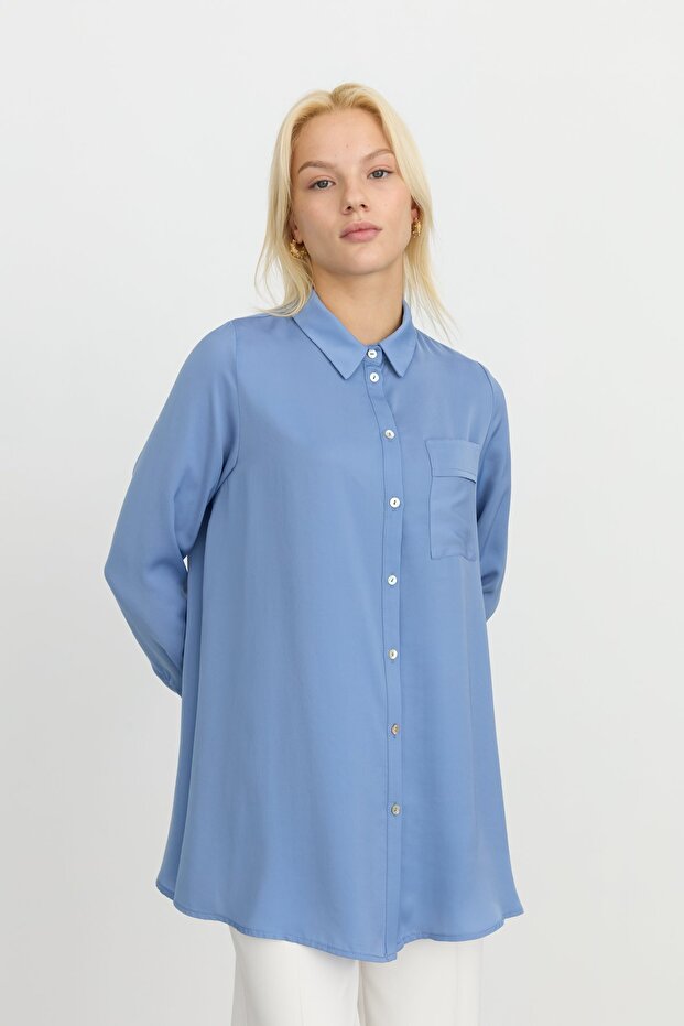 Gömlek Yaka Tunik Mavi - 5