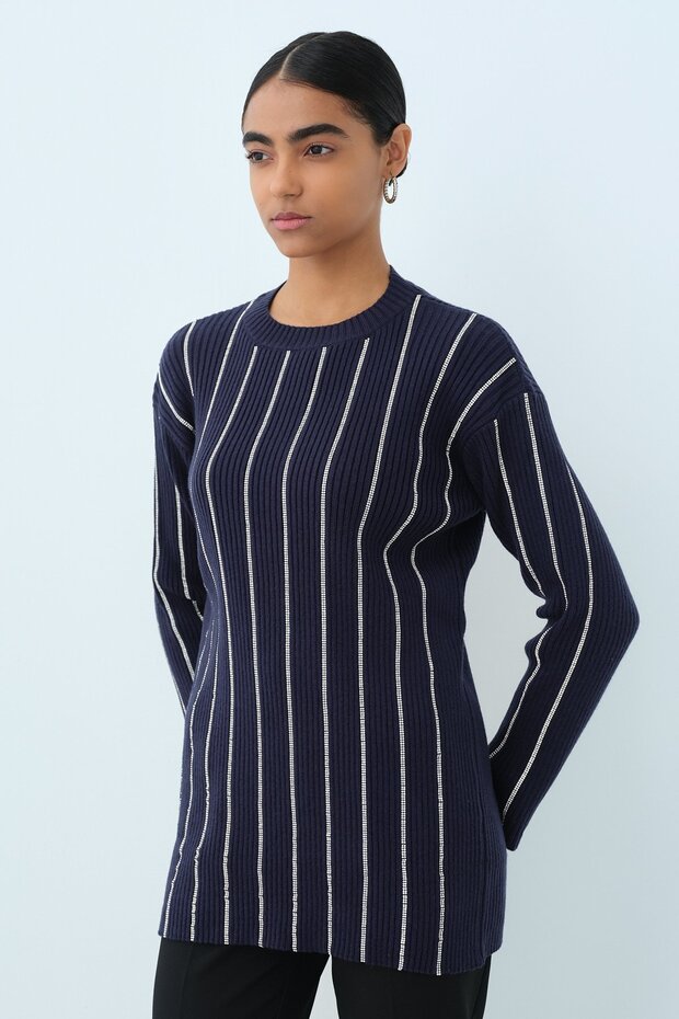 Taş Şeritli Triko Tunik Lacivert - 1