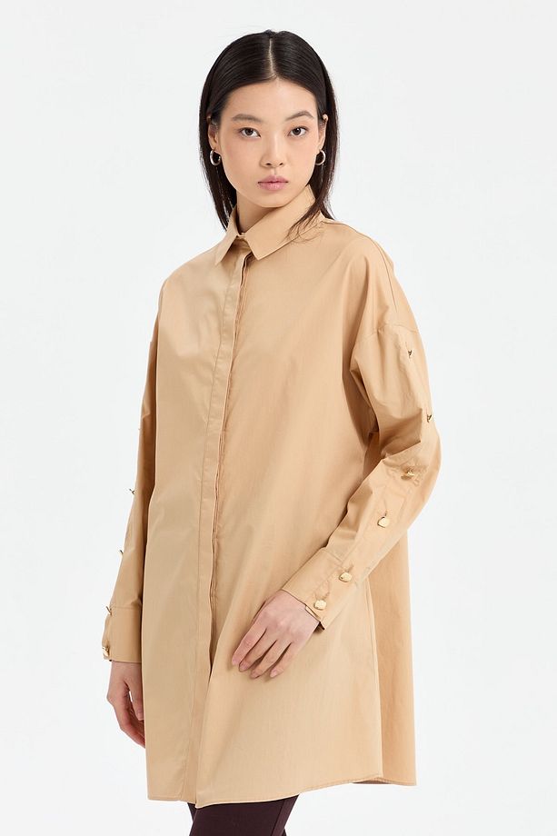 Kolları Düğmeli Açılımlı Poplin Gömlek Tunik Camel - 5