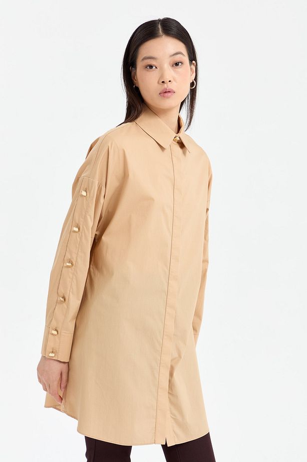 Kolları Düğmeli Açılımlı Poplin Gömlek Tunik Camel - 3