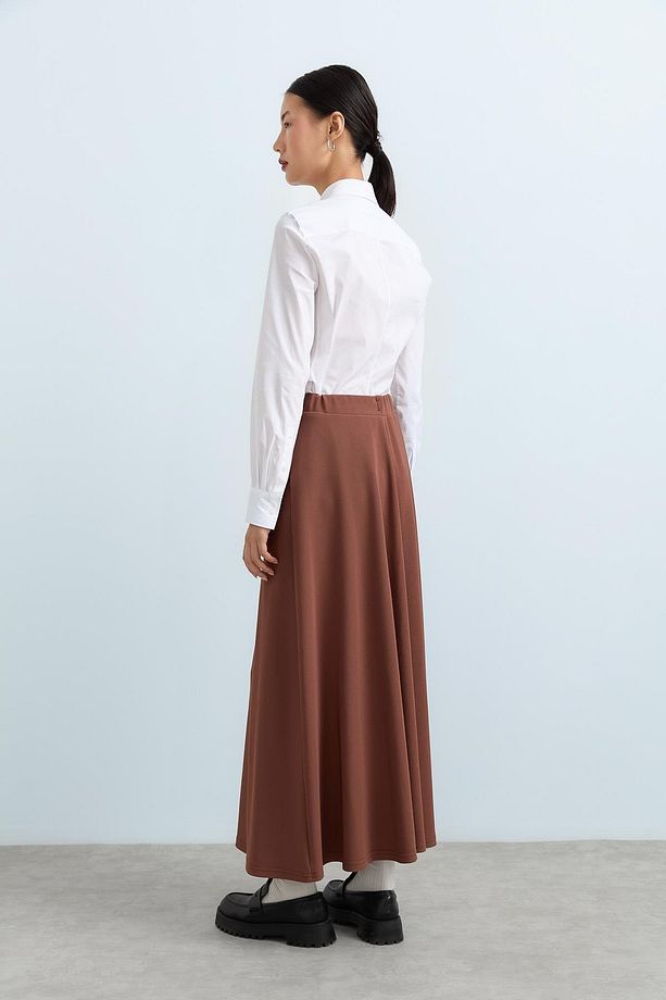 Beli Bağcıklı Basic Örme Etek Kahve - 4