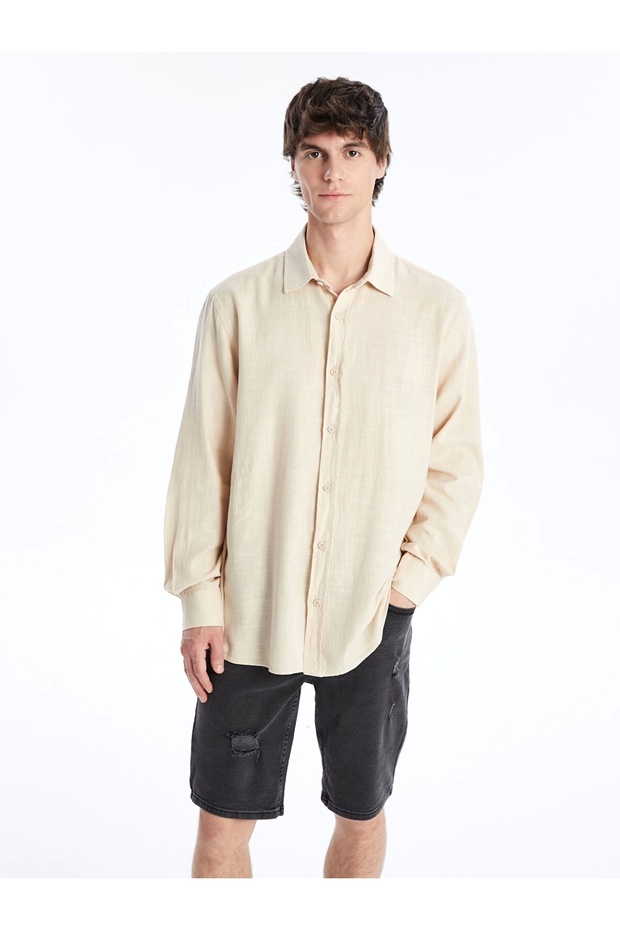 Xside Beige Regular Fit Long Sleeve Poplin Men's Shirt