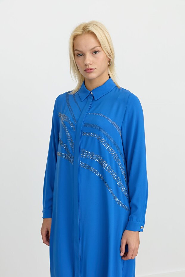 Önü Taşlı Düz Kesim Uzun Tunik Saks - 3