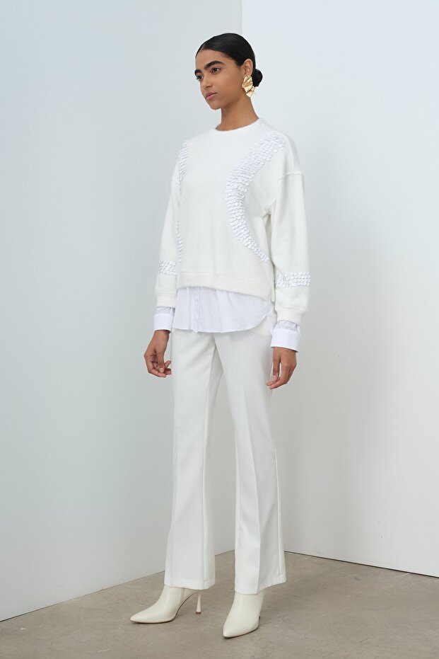 Pullu Gömlek Garni Angora Tunik Ekru - 5