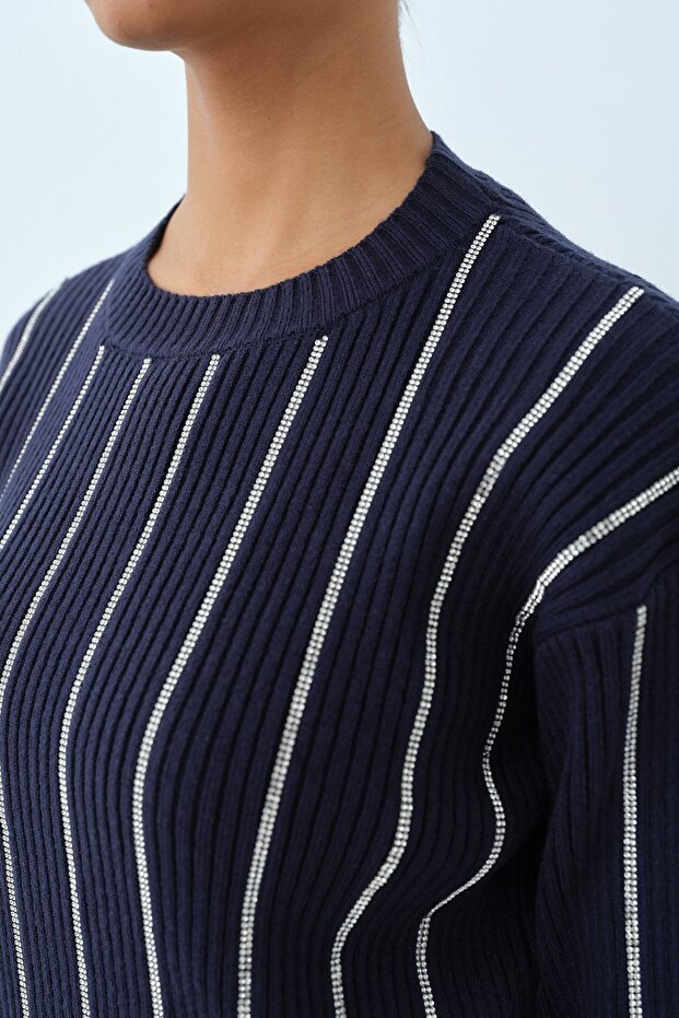 Taş Şeritli Triko Tunik Lacivert - 3