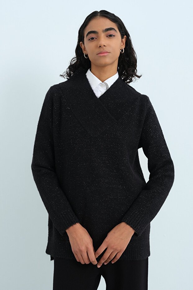 V Yaka Triko Tunik Siyah - 1