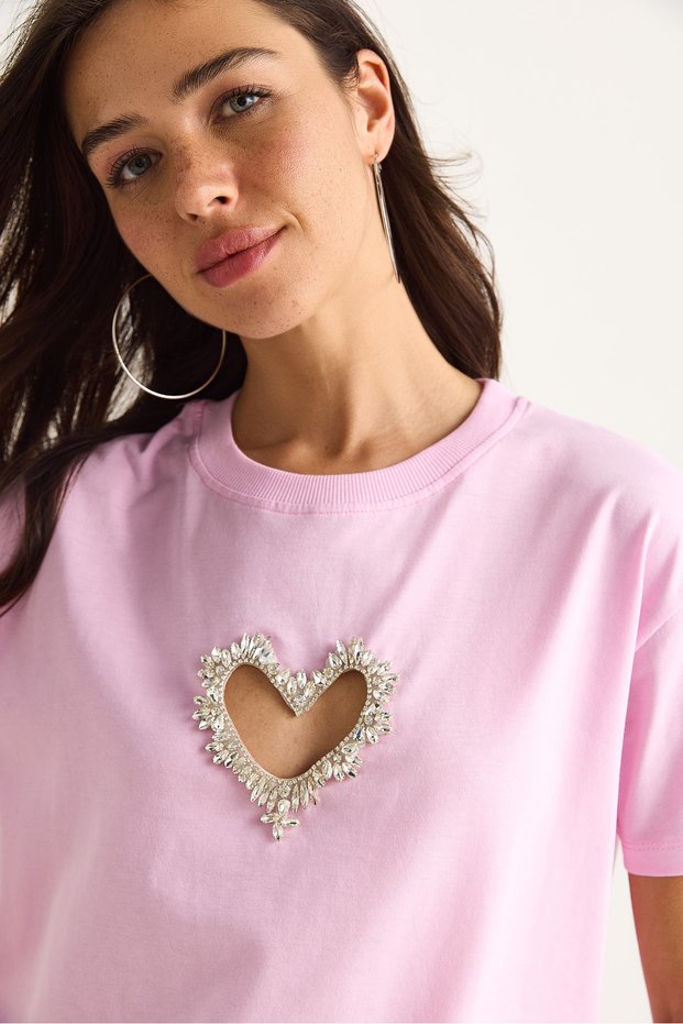 Women's Candy Pink Stone Heart Windowed Cotton T-Shirt 60602073