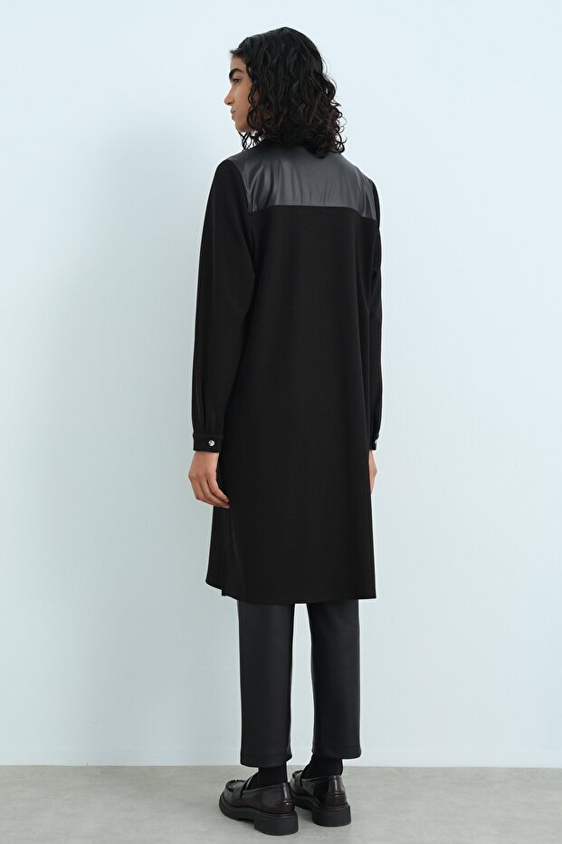 Deri Garnili Gömlek Yaka Örme Tunik Siyah - 4