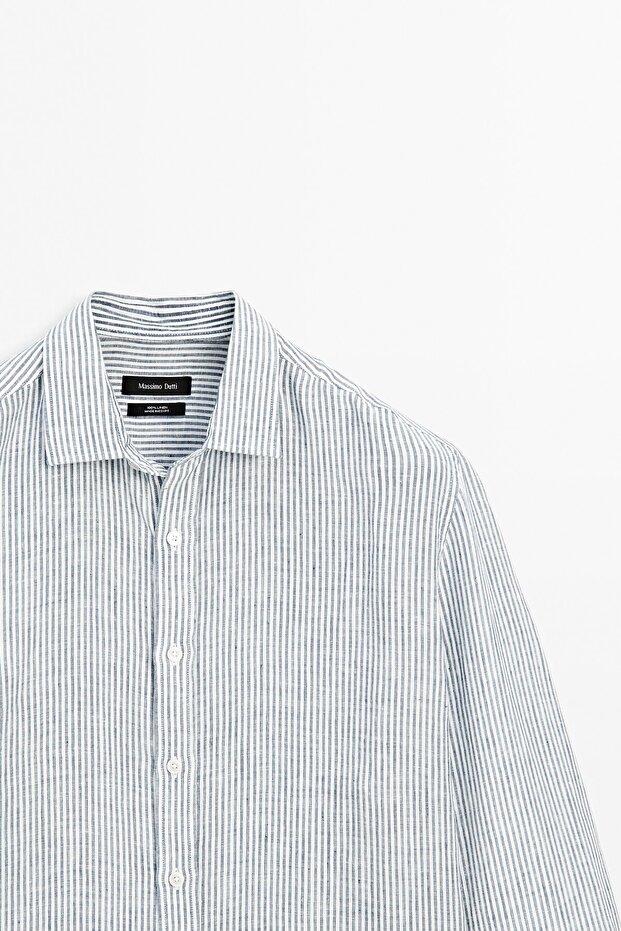 Regular fit çizgili keten gömlek - 6