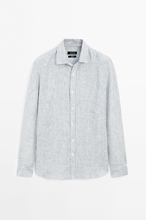 Regular fit çizgili keten gömlek - 5