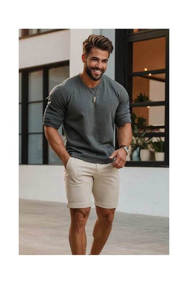 Regular Fit Krem Rengi Erkek Kot Şort - 2