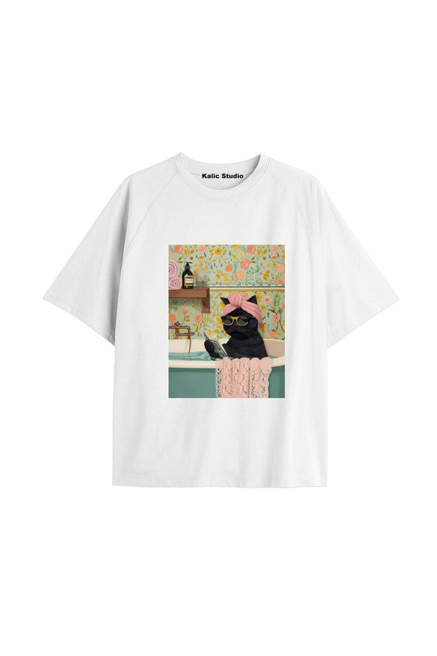 Y2K Vintage Cats Printed White T-Shirt Kod 10
