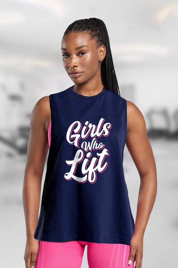 Women Girls Lift Printed Navy Blue Oversize Crew Neck Cotton Sleeveless T-Shirt/Undershirt Gym Tank Top
