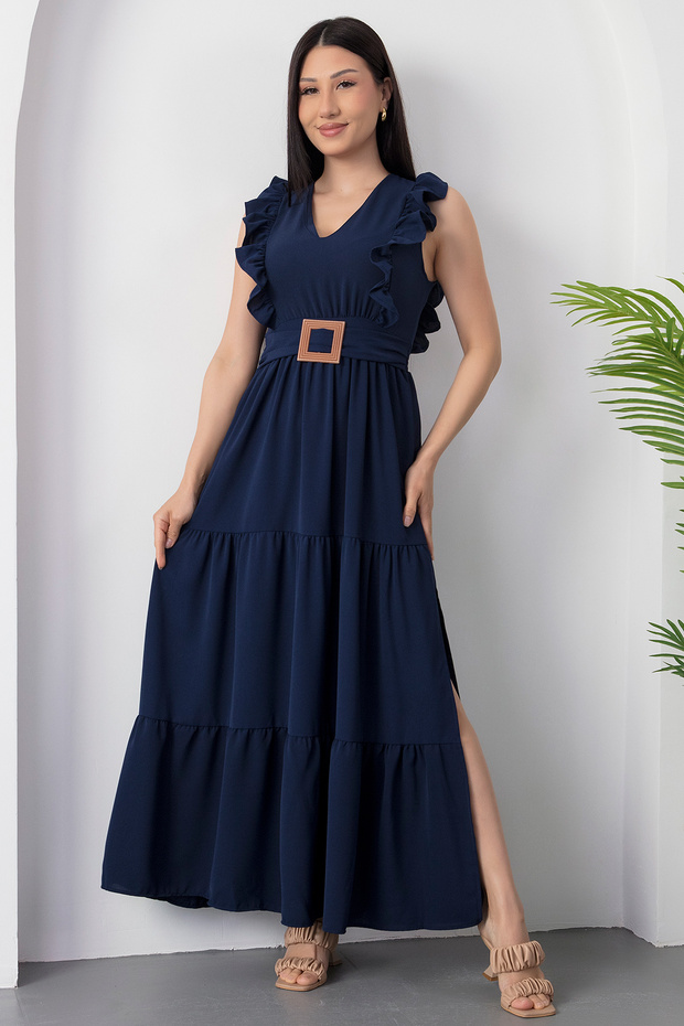 V Yaka Tokalı Kemerli Elbise DKS1296 - 5