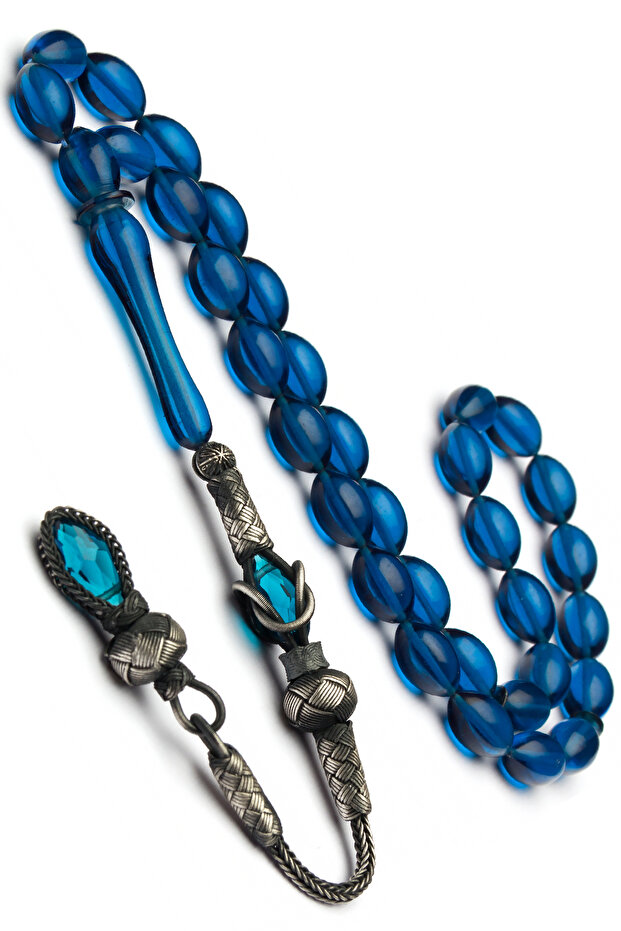 Certified Silver Kazaz Tassel Blue Fire Amber Prayer Beads