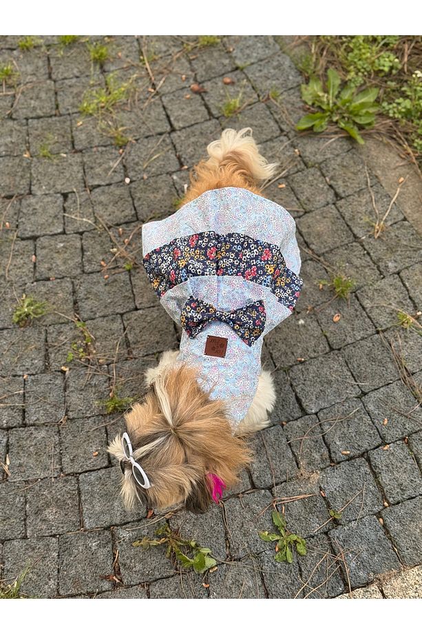 Köpek Elbisesi Kedi Elbisesi Kıyafeti Mavi Lacivert Çiçekli Poplin Kumaş - 1