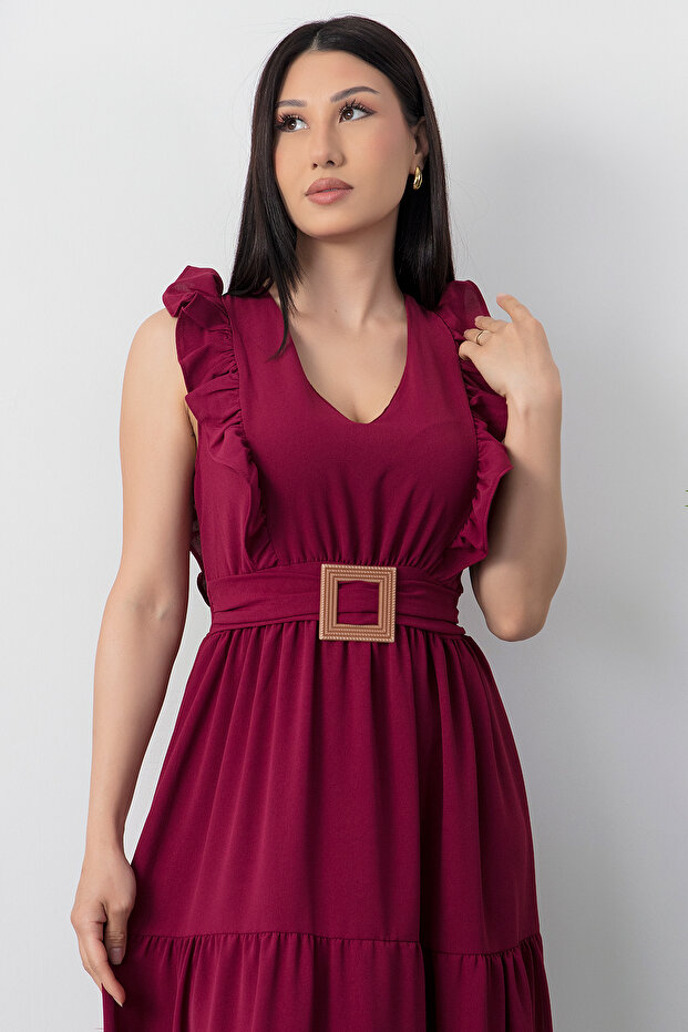 V Yaka Tokalı Kemerli Elbise DKS1296 - 2