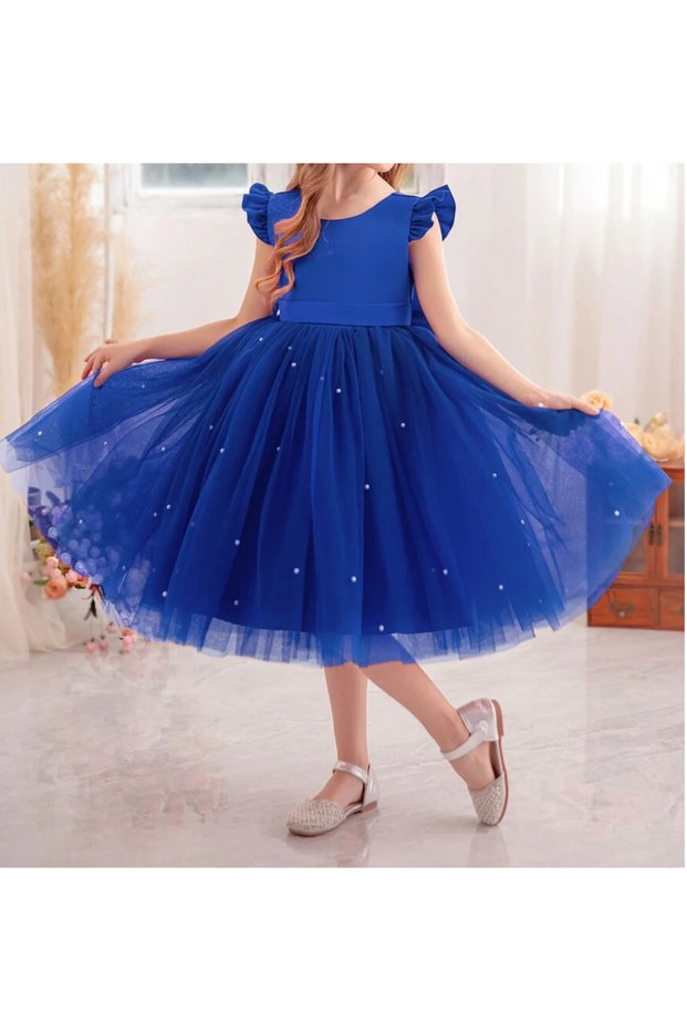 Girl's Cobalt Blue Ruffle Sleeve Short Pearl Dress Graduation Birthday Special Occasion Evening Dress