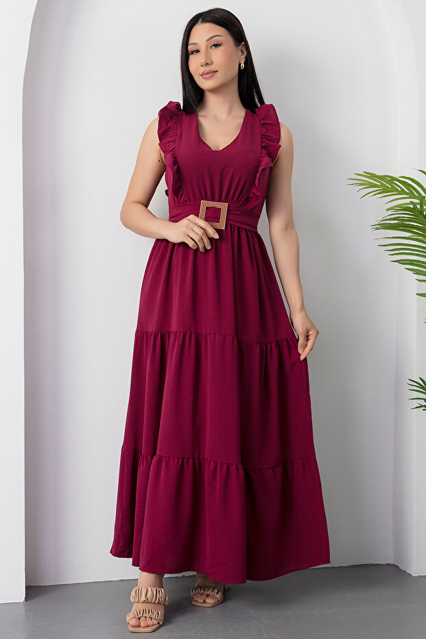 V Yaka Tokalı Kemerli Elbise DKS1296 - 4