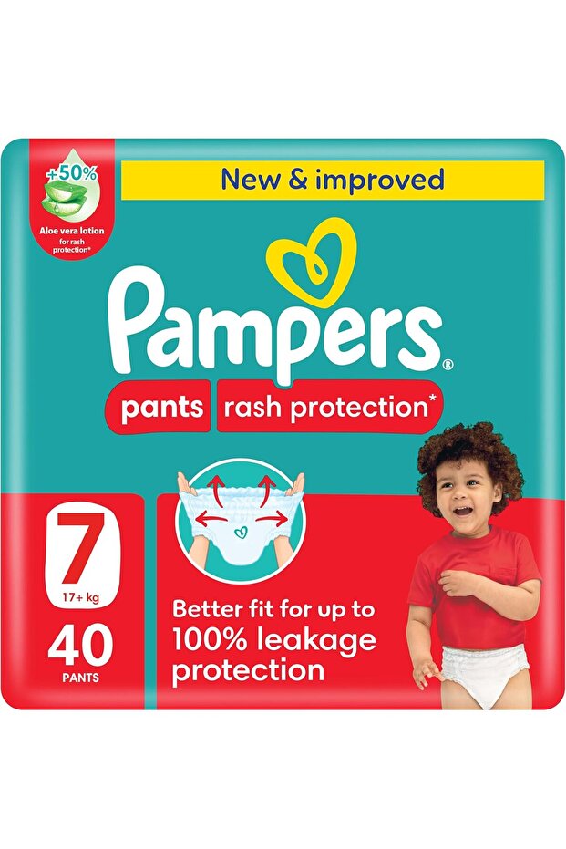 Rash Protection Pants Diapers, Size 7, 17+kg, +50% Aloe Vera Lotion, 360° Leak-Free Fit for