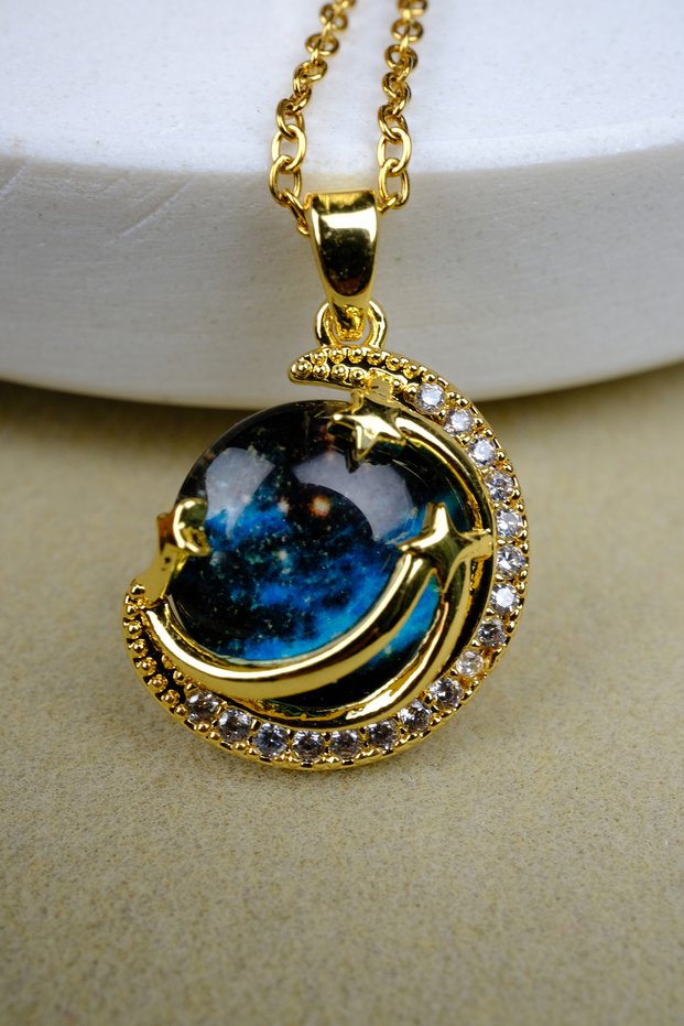 Galaxy Series, Navy Blue Color Galaxy Themed, Gold Steel Necklace